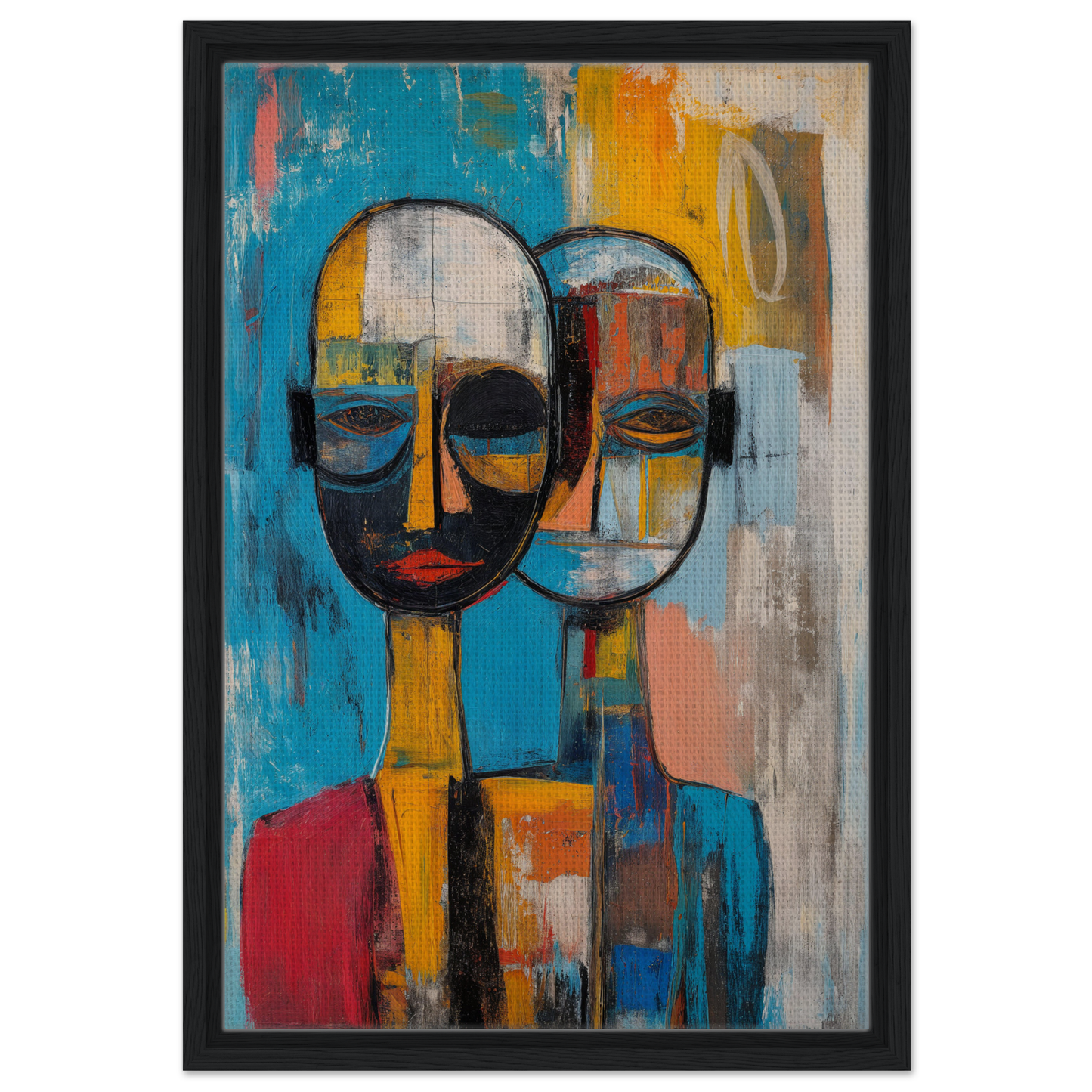 Abstract painting of two stylized faces in Quantum Twin Murmurs framed canvas print