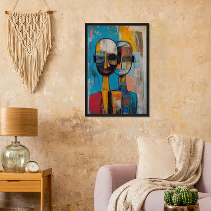 Abstract portrait painting in vibrant tones inspired by Quantum Twin Murmurs framed canvas print