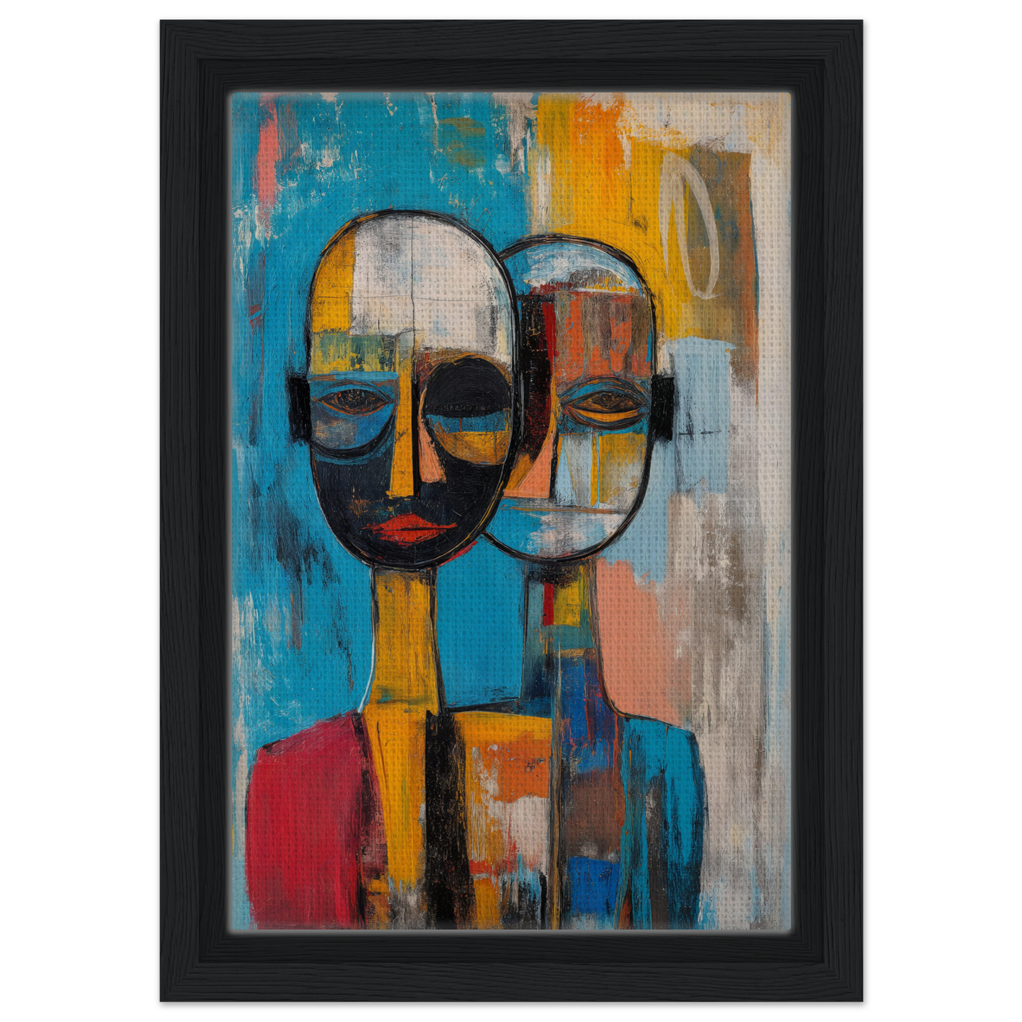 Abstract painting of two stylized faces on a colorful background for Quantum Twin Murmurs framed canvas print