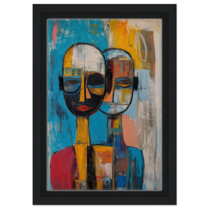 Abstract painting of two stylized faces on a colorful background for Quantum Twin Murmurs framed canvas print