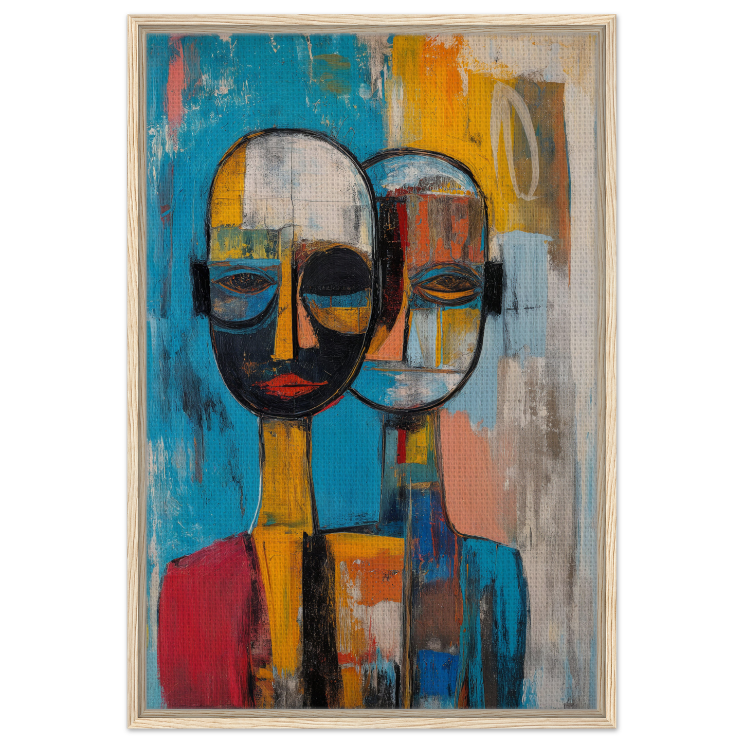 Abstract painting of two stylized faces for Quantum Twin Murmurs room decor