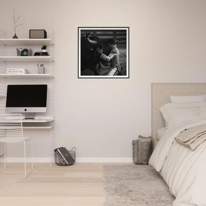 Minimalist bedroom featuring Quiet Matador Whisper with floating shelves and black-framed art