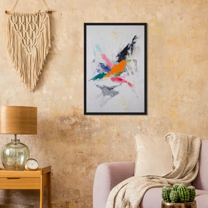 Colorful abstract bird painting in black frame from Radiant Chaos Harmony collection