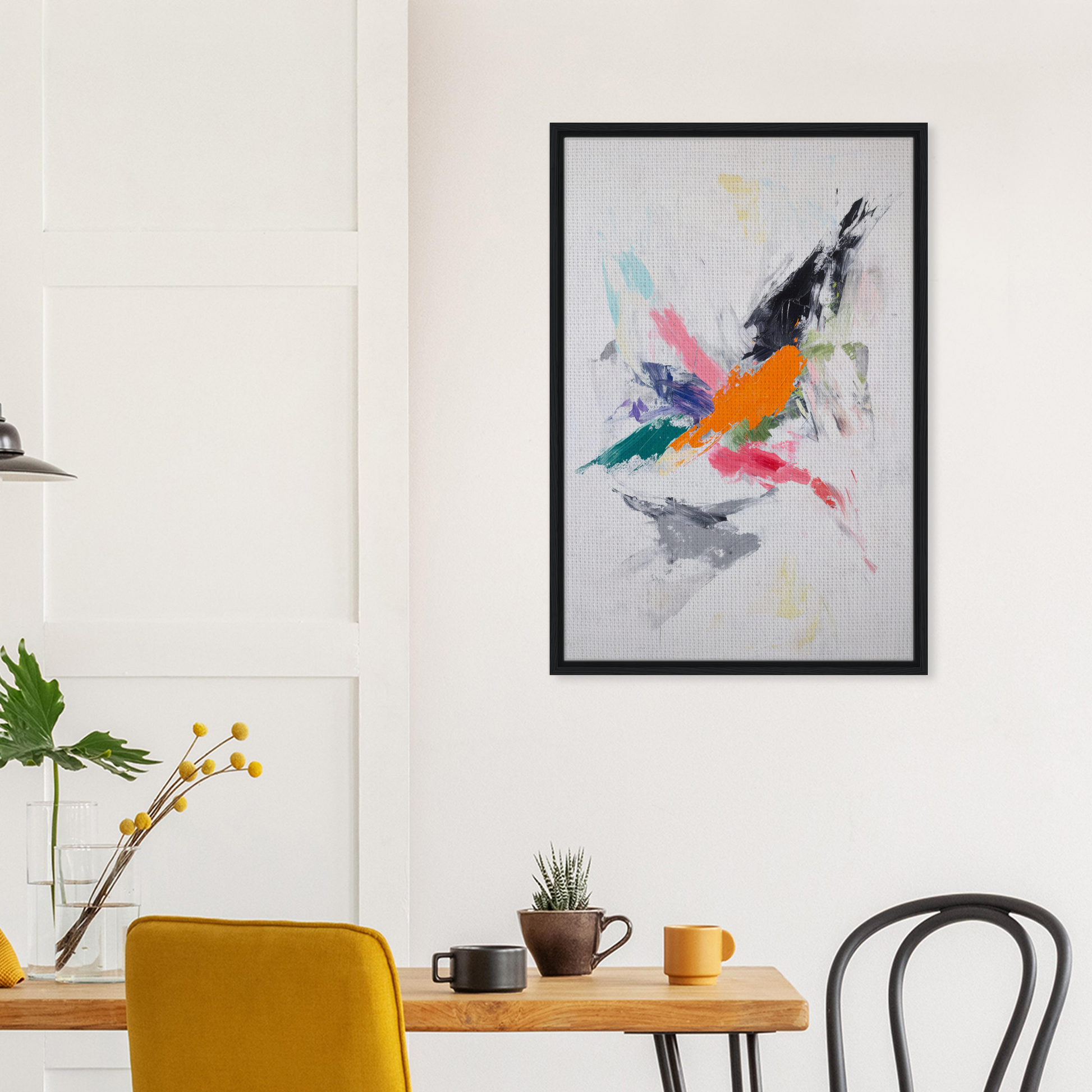 Abstract painting in a black frame showcasing vibrant brushstrokes for Radiant Chaos Harmony room decor