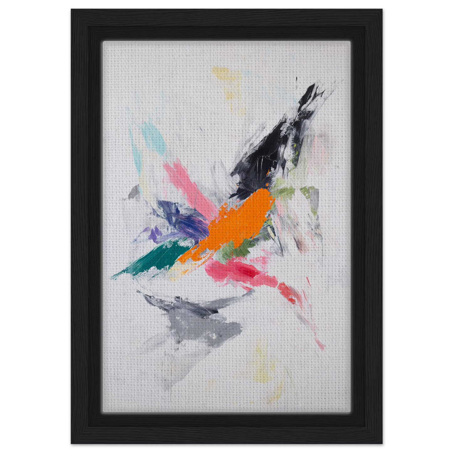 Abstract painting of colorful brushstrokes resembling a bird in flight for Radiant Chaos Harmony