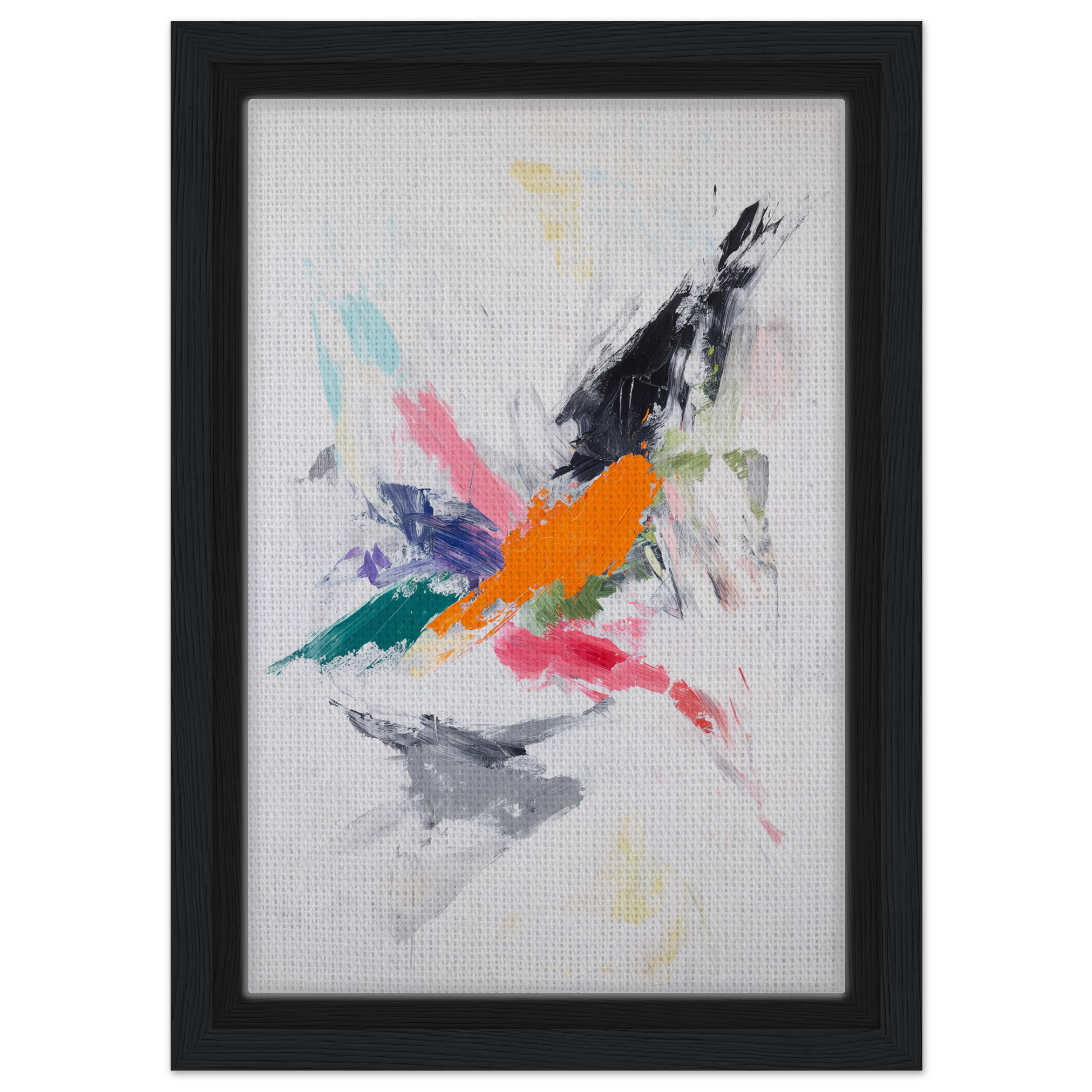 Abstract painting of colorful brushstrokes resembling a bird in flight for Radiant Chaos Harmony