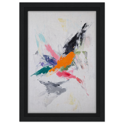 Abstract painting of colorful brushstrokes resembling a bird in flight for Radiant Chaos Harmony