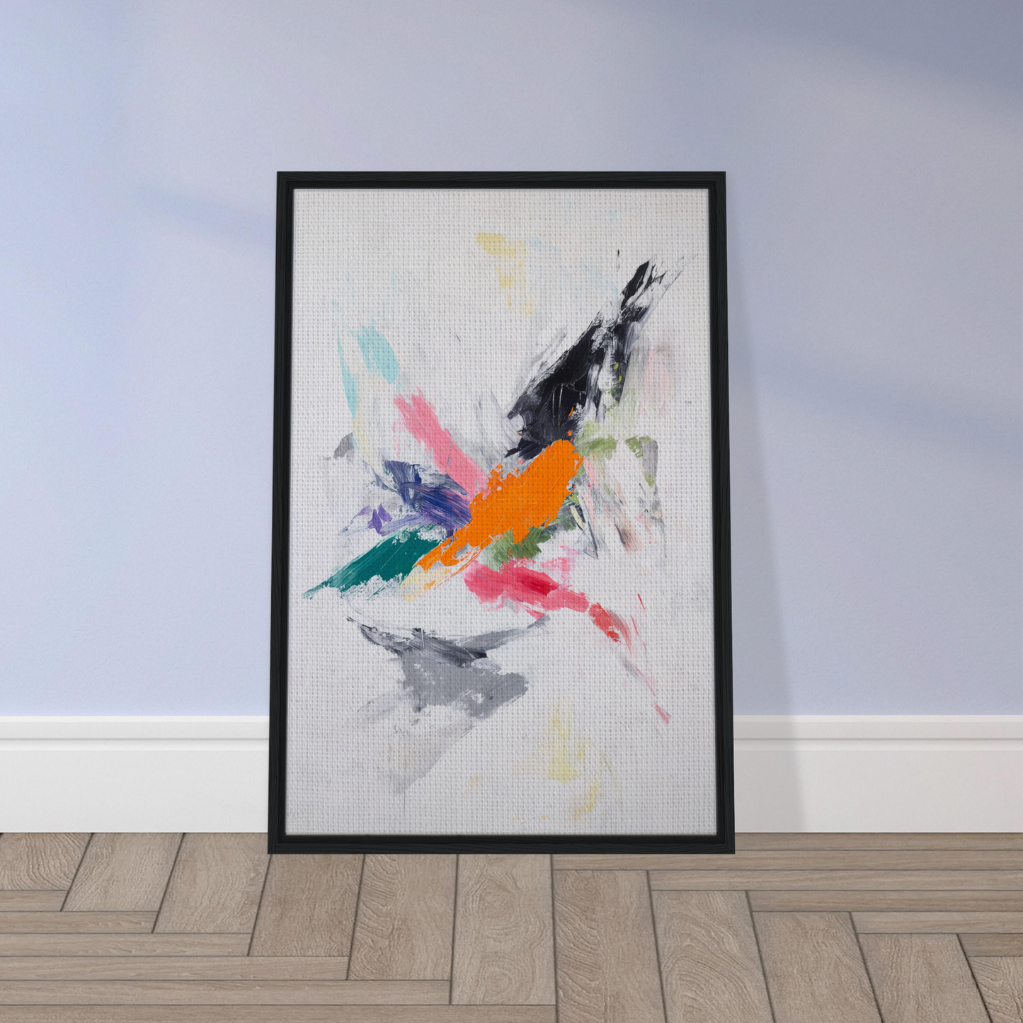 Framed abstract painting of colorful brushstrokes resembling a bird in flight for Radiant Chaos Harmony room decor