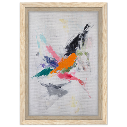 Abstract painting of colorful brushstrokes resembling a bird in flight for Radiant Chaos Harmony