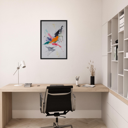 Minimalist home office with desk, chair, and Radiant Chaos Harmony framed canvas print