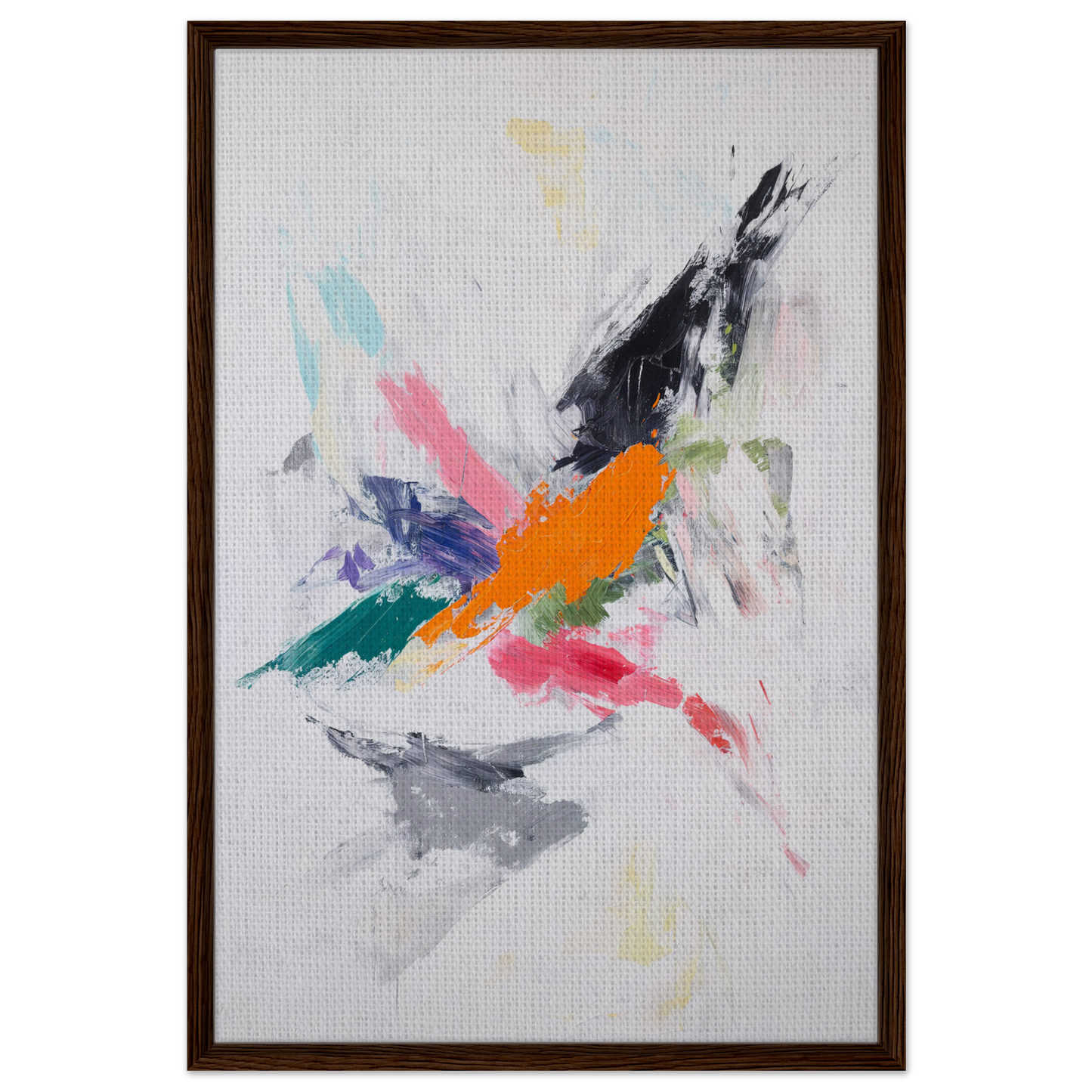 Abstract painting with colorful brushstrokes on a white canvas, Radiant Chaos Harmony framed canvas print