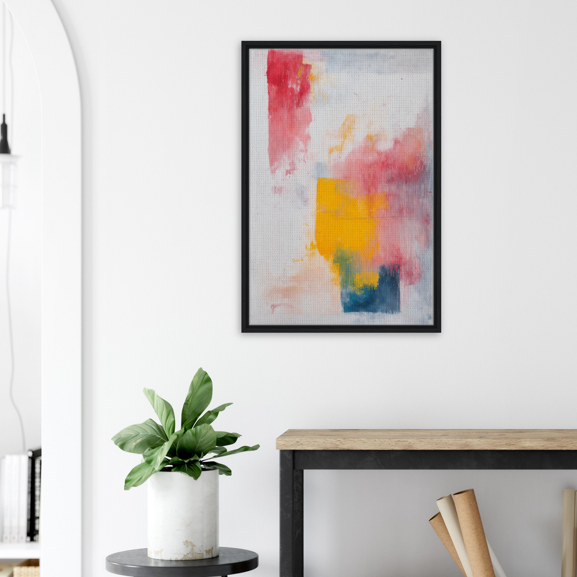 Abstract painting Rapture Between Hues in vibrant pink, yellow, and blue for room decor