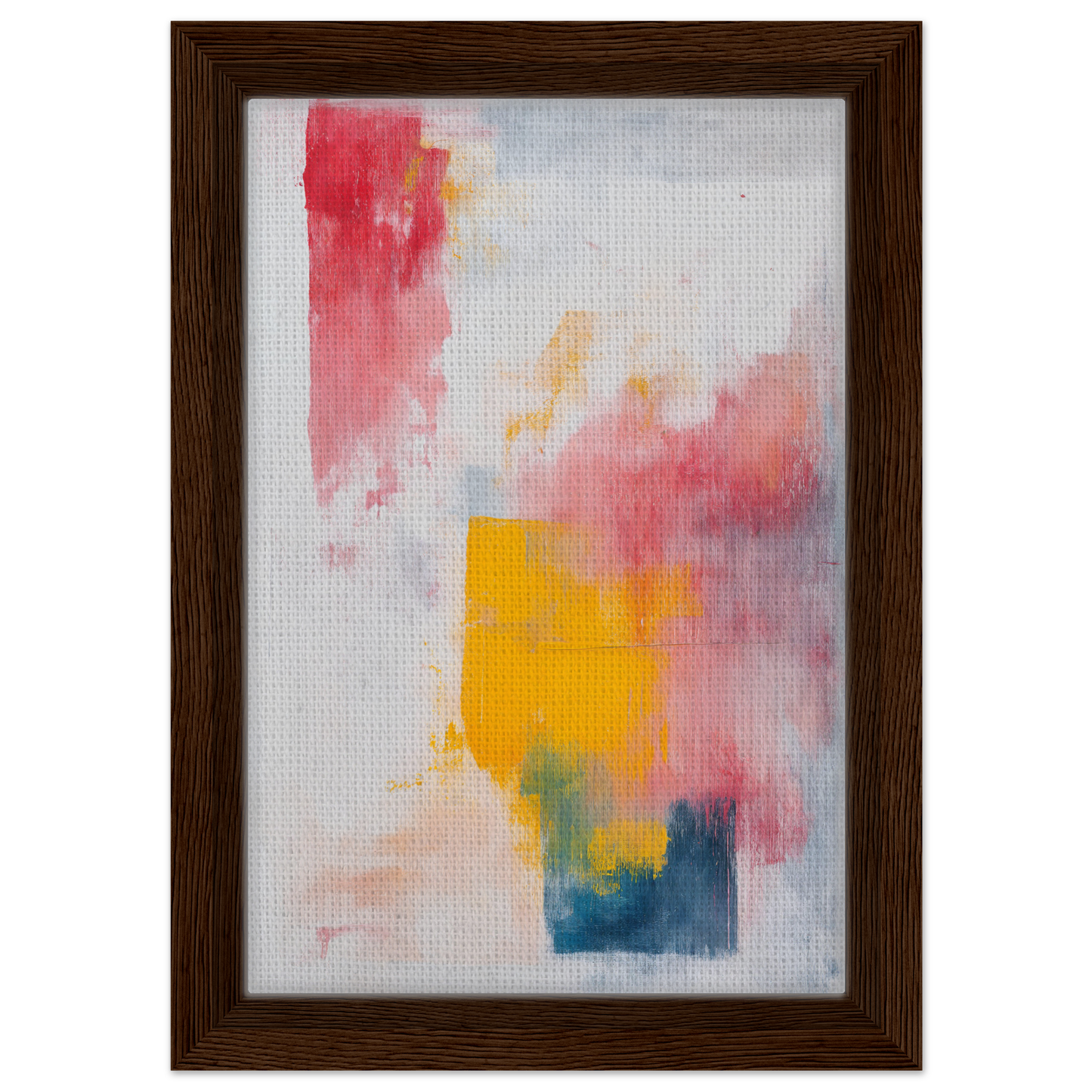 Abstract painting Rapture Between Hues with pink, yellow, and blue brushstrokes for room decor