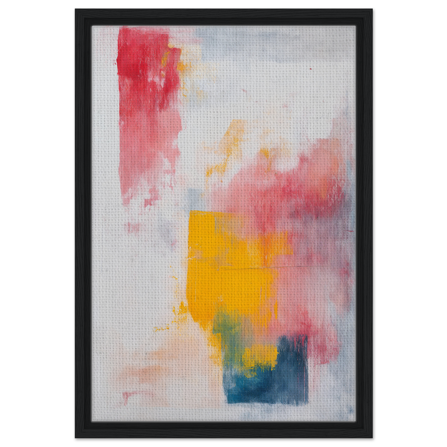 Abstract painting ’Rapture Between Hues’ with vibrant splashes, framed canvas print