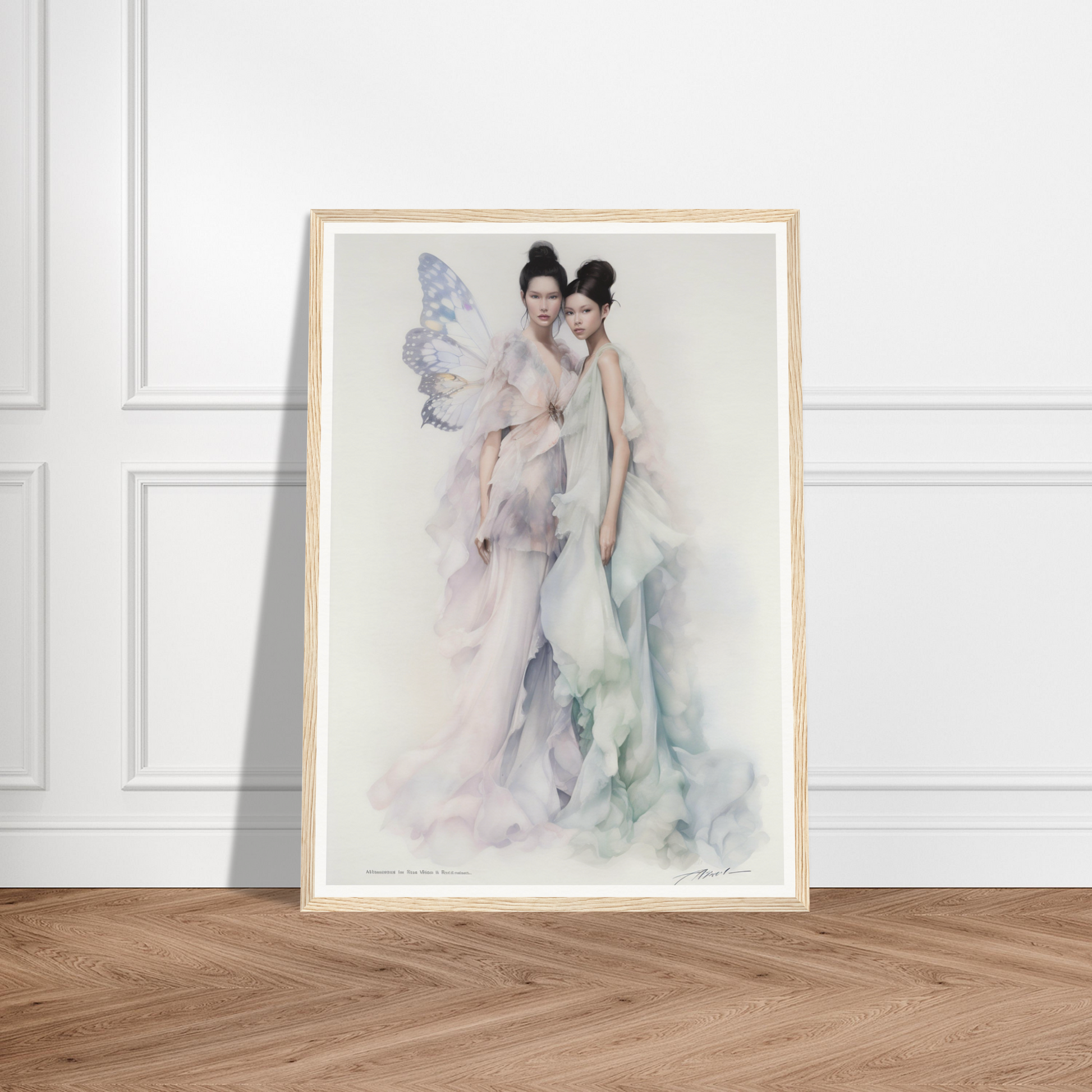 Framed watercolor painting of two ethereal figures in flowing, pastel-colored gowns.