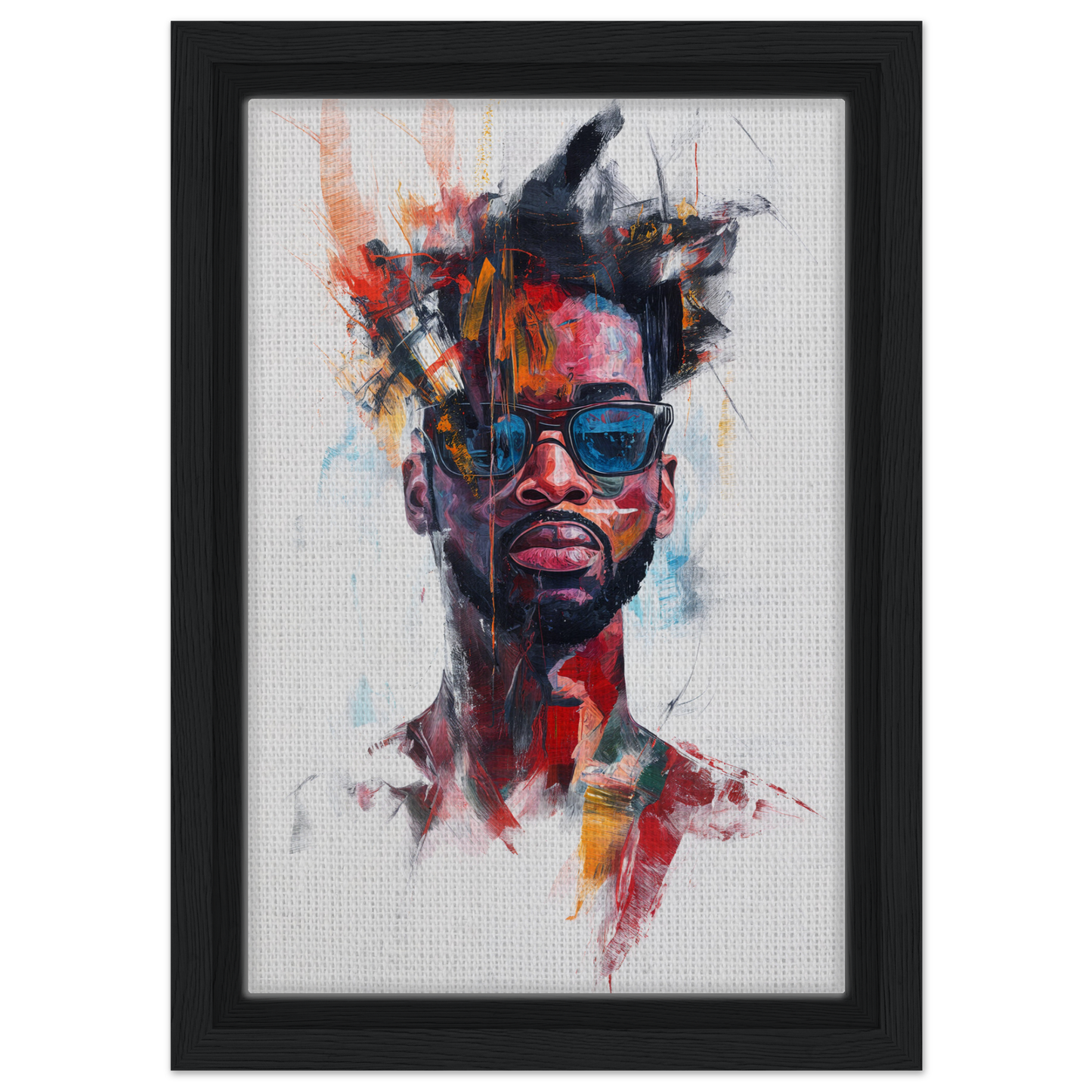 Colorful abstract portrait featuring Ray-Ban Nirvana sunglasses on a canvas print