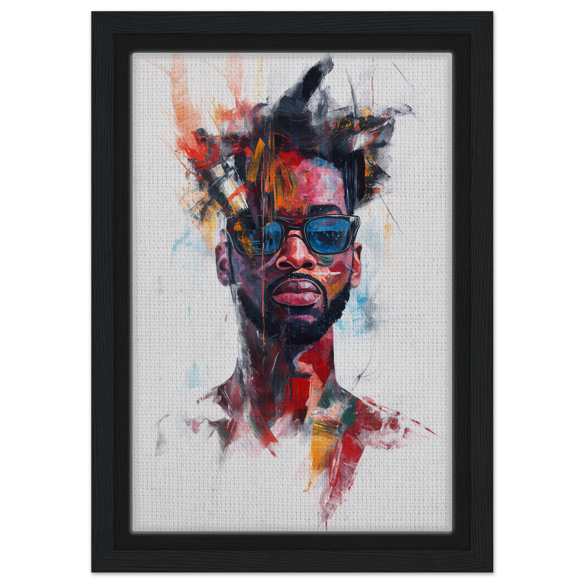 Colorful abstract portrait featuring Ray-Ban Nirvana sunglasses on a canvas print