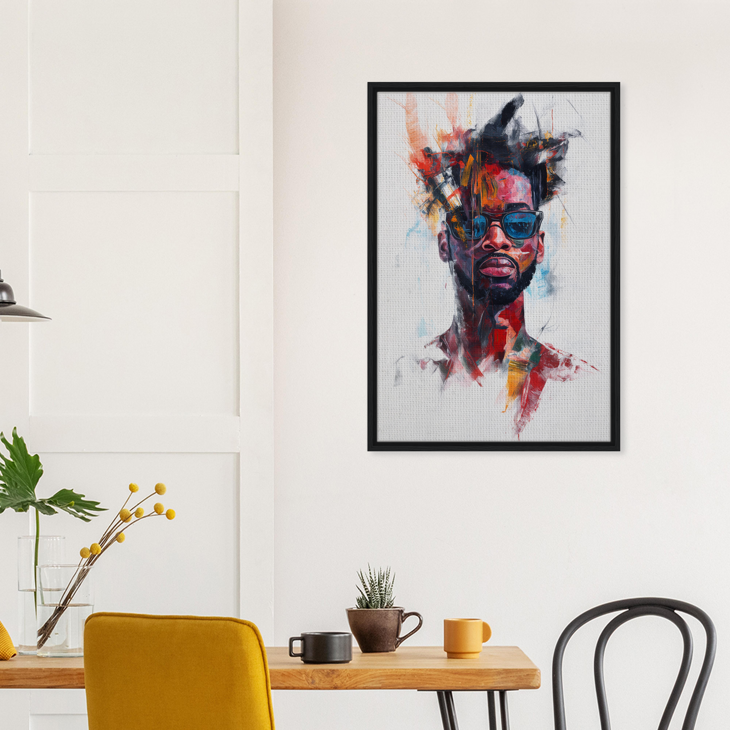 Colorful abstract portrait with sunglasses in a black frame, featuring Ray-Ban Nirvana