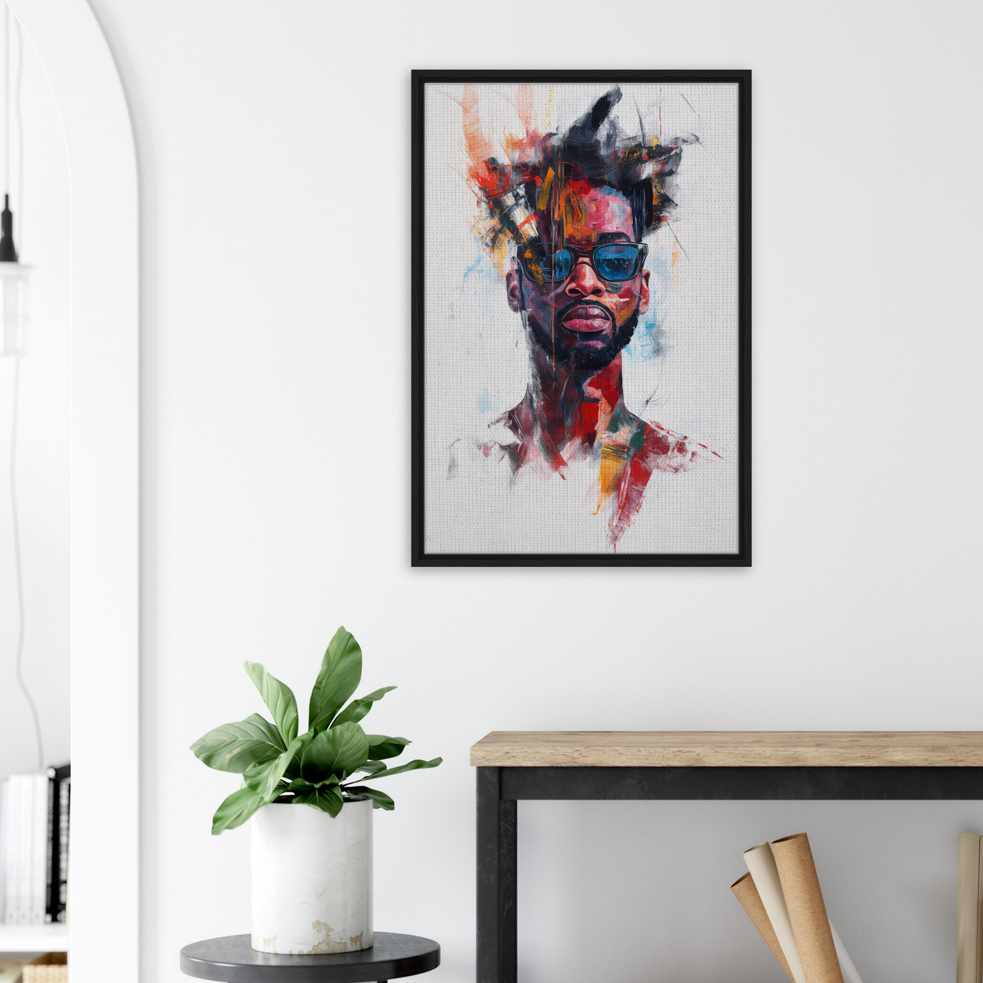 Colorful abstract portrait of a person in sunglasses for Ray-Ban Nirvana room decor