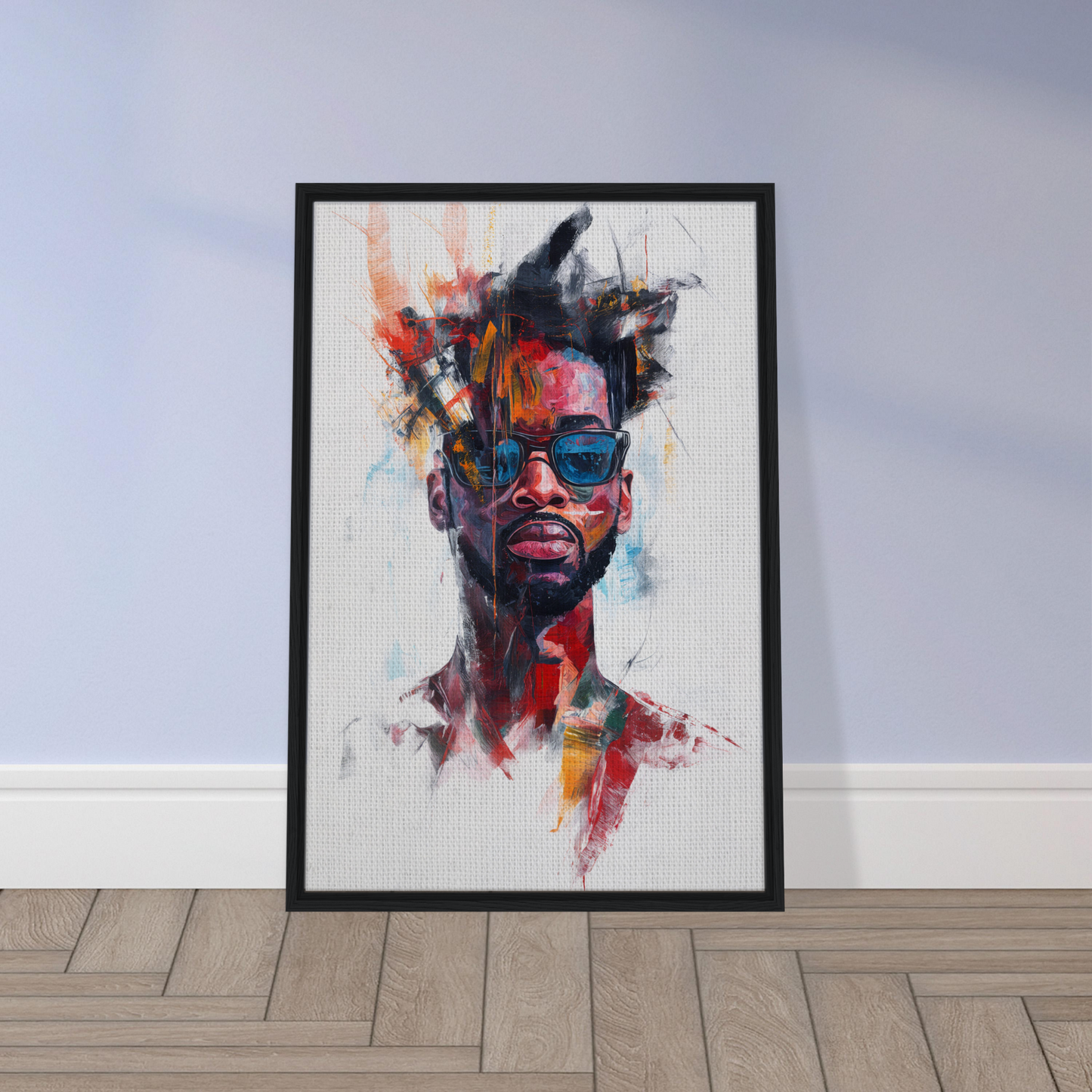 Colorful abstract portrait of a person in Ray-Ban Nirvana sunglasses on framed canvas