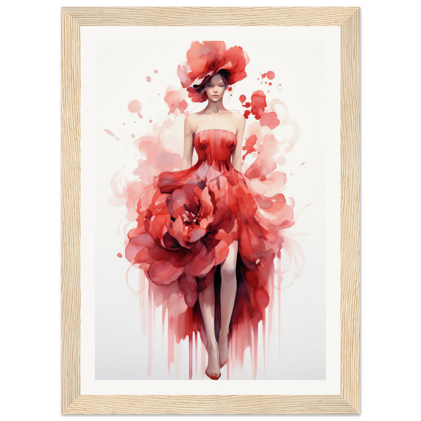 A red dress and hat with a watercolor painting on the wall