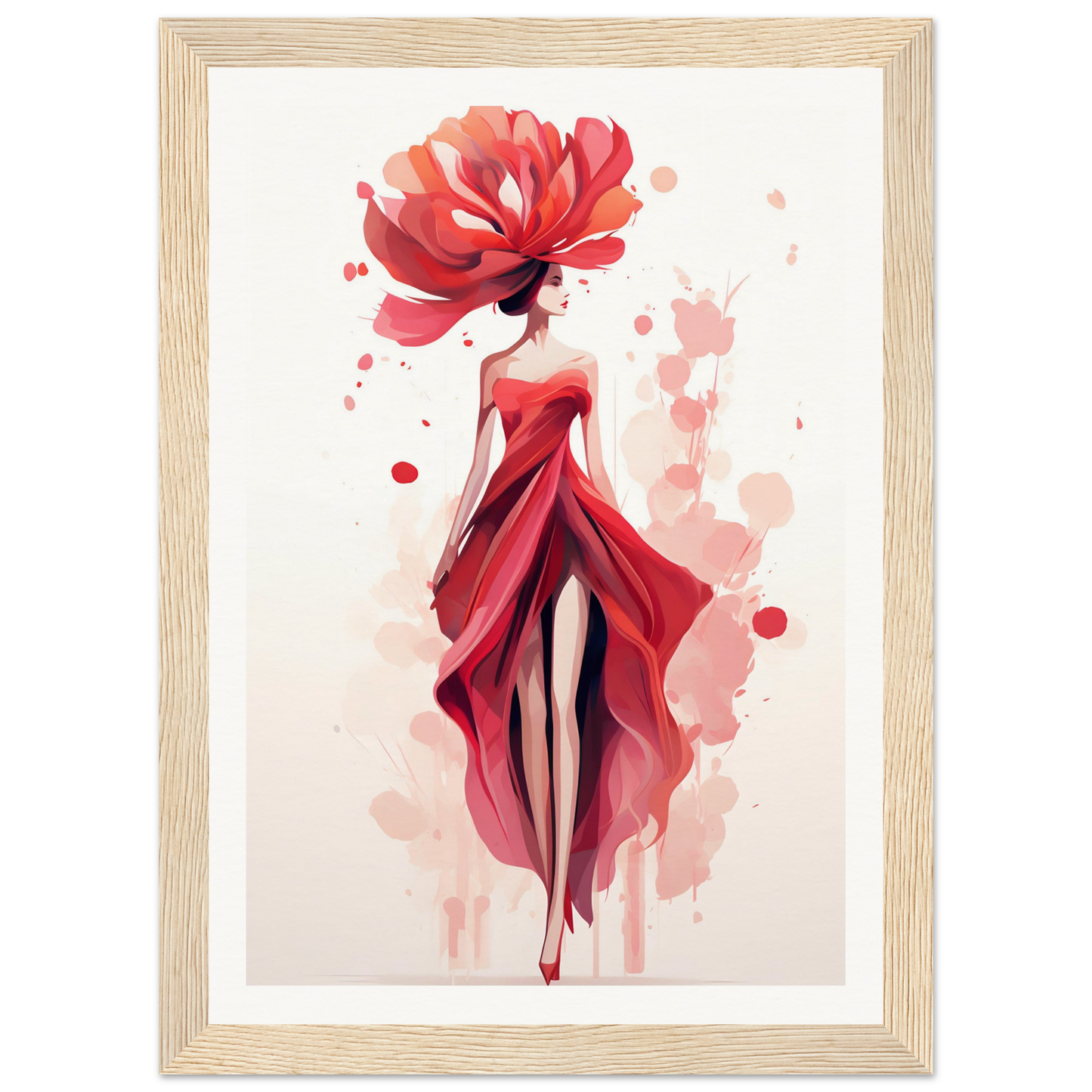 A red dress and hat with watercolor splashs on it