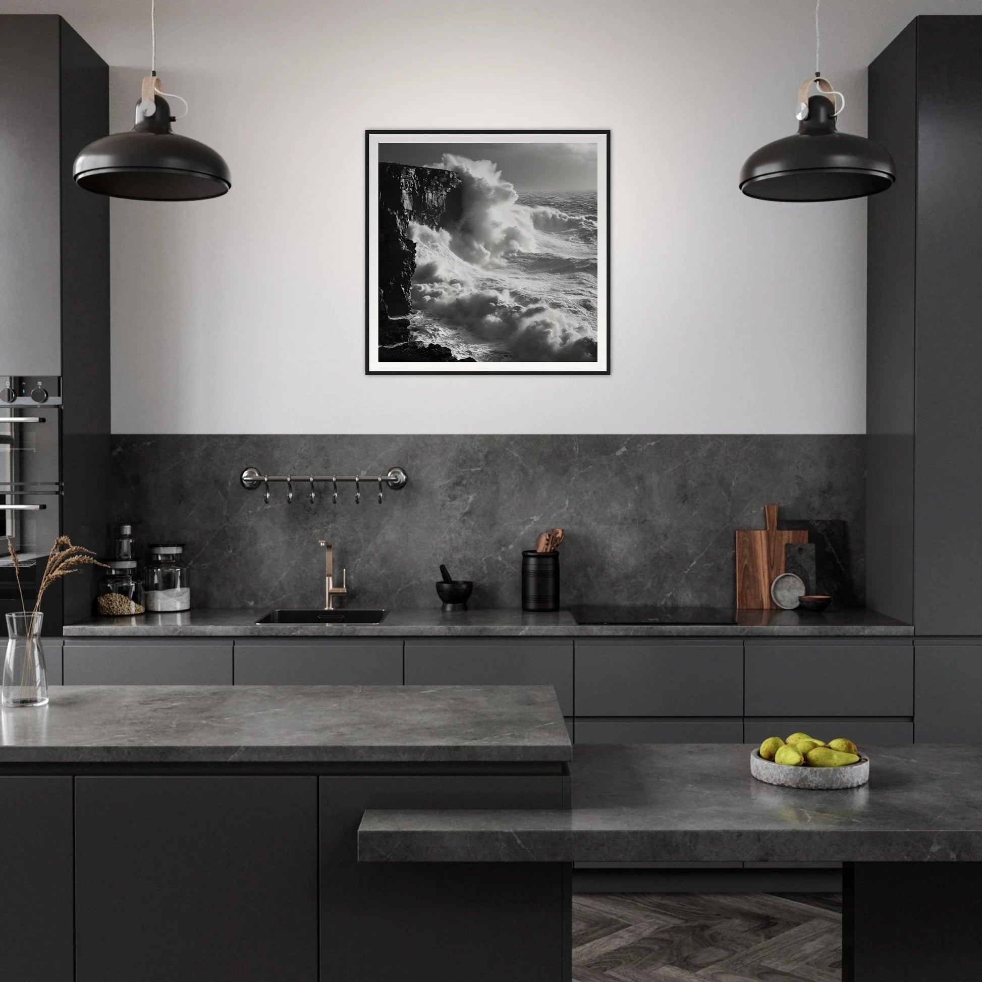 Modern dark gray kitchen showcasing Relentless Ocean’s Ballet framed poster and pendant lights