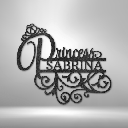 Decorative metal wall art spelling out ’Princess Sabrina’ with ornate scrollwork and a small tiara.