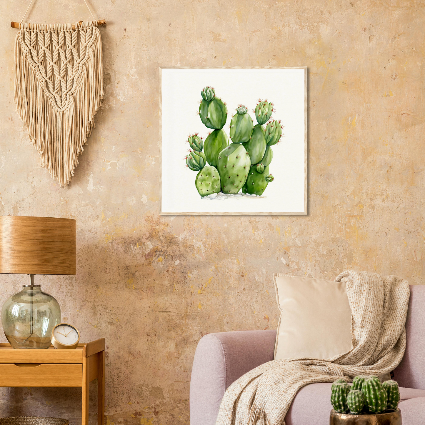 A living room with a couch and a painting of a cactus