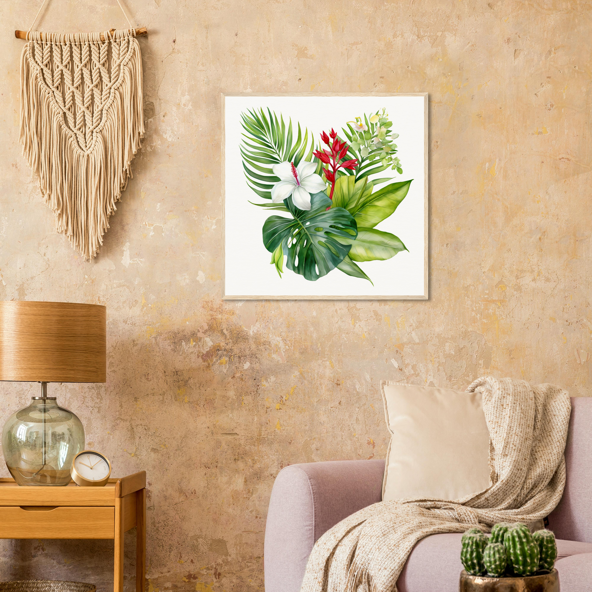 A living room with a couch and a painting of a tropical plant