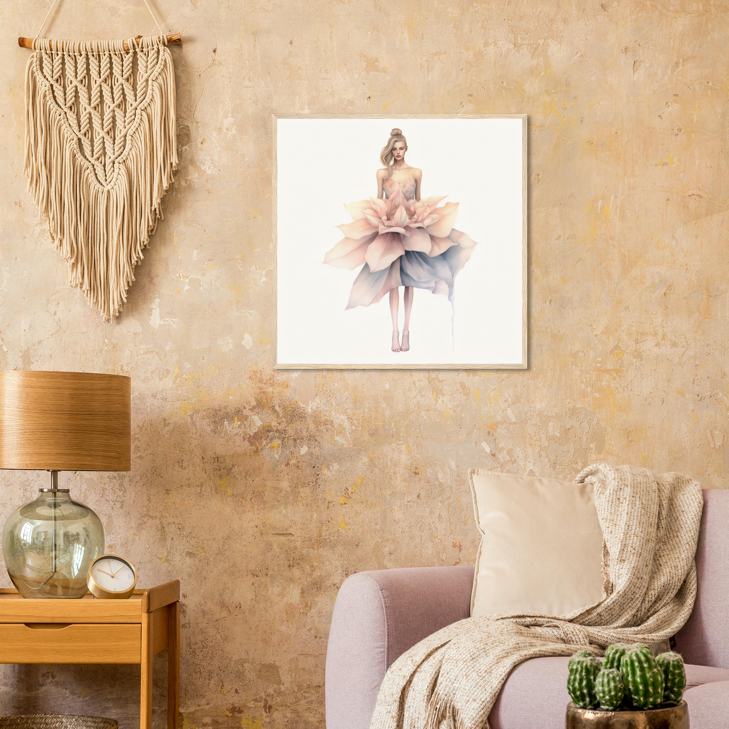 A living room with a couch and a painting on the wall