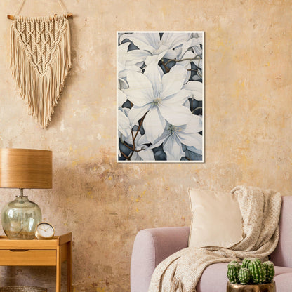 A living room with a purple couch and a large white flower