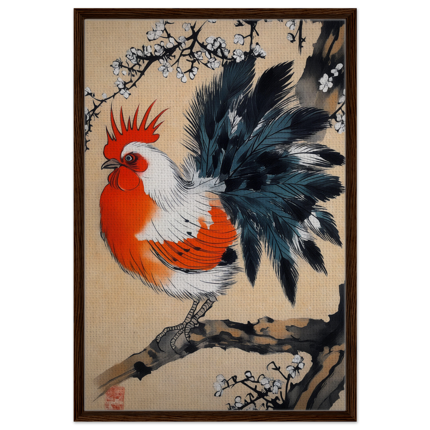 Colorful rooster perched on a branch in Rooster’s Dawnsong Reverie framed canvas print