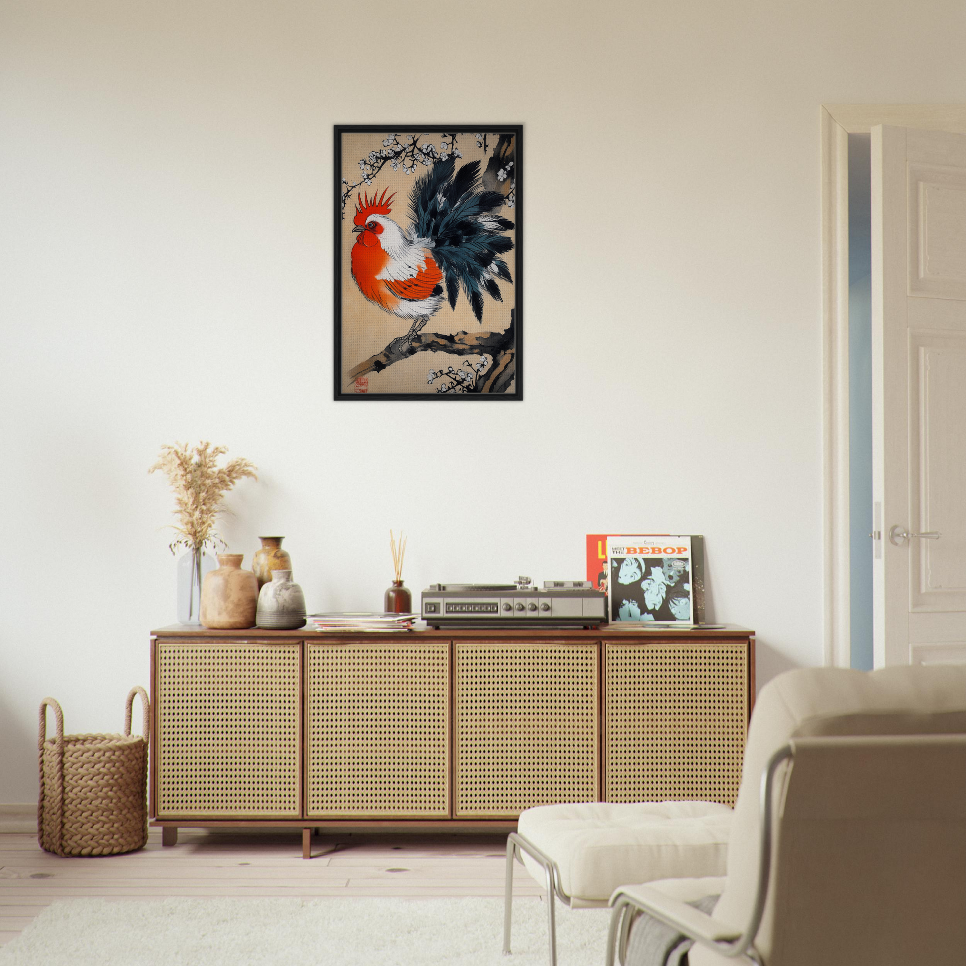 Wooden sideboard with cane-webbed doors and decor from Rooster’s Dawnsong Reverie