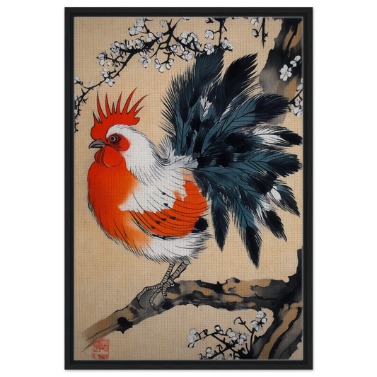 Colorful rooster with red plumage on branch, featured in Rooster’s Dawnsong Reverie framed print