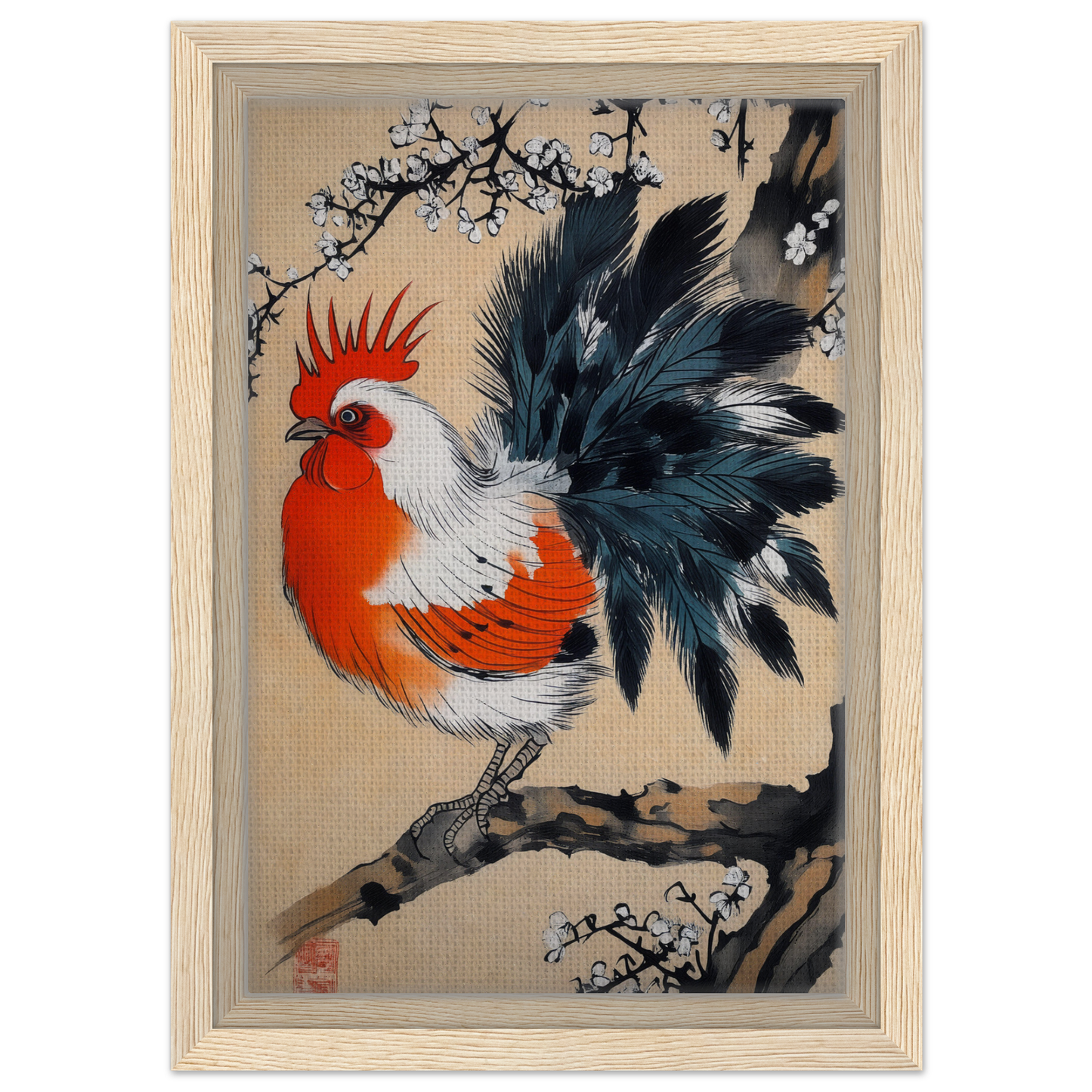 Colorful rooster with vibrant plumage featured in Rooster’s Dawnsong Reverie framed print