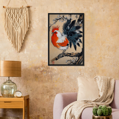 Framed painting of a colorful rooster for Rooster’s Dawnsong Reverie room decor