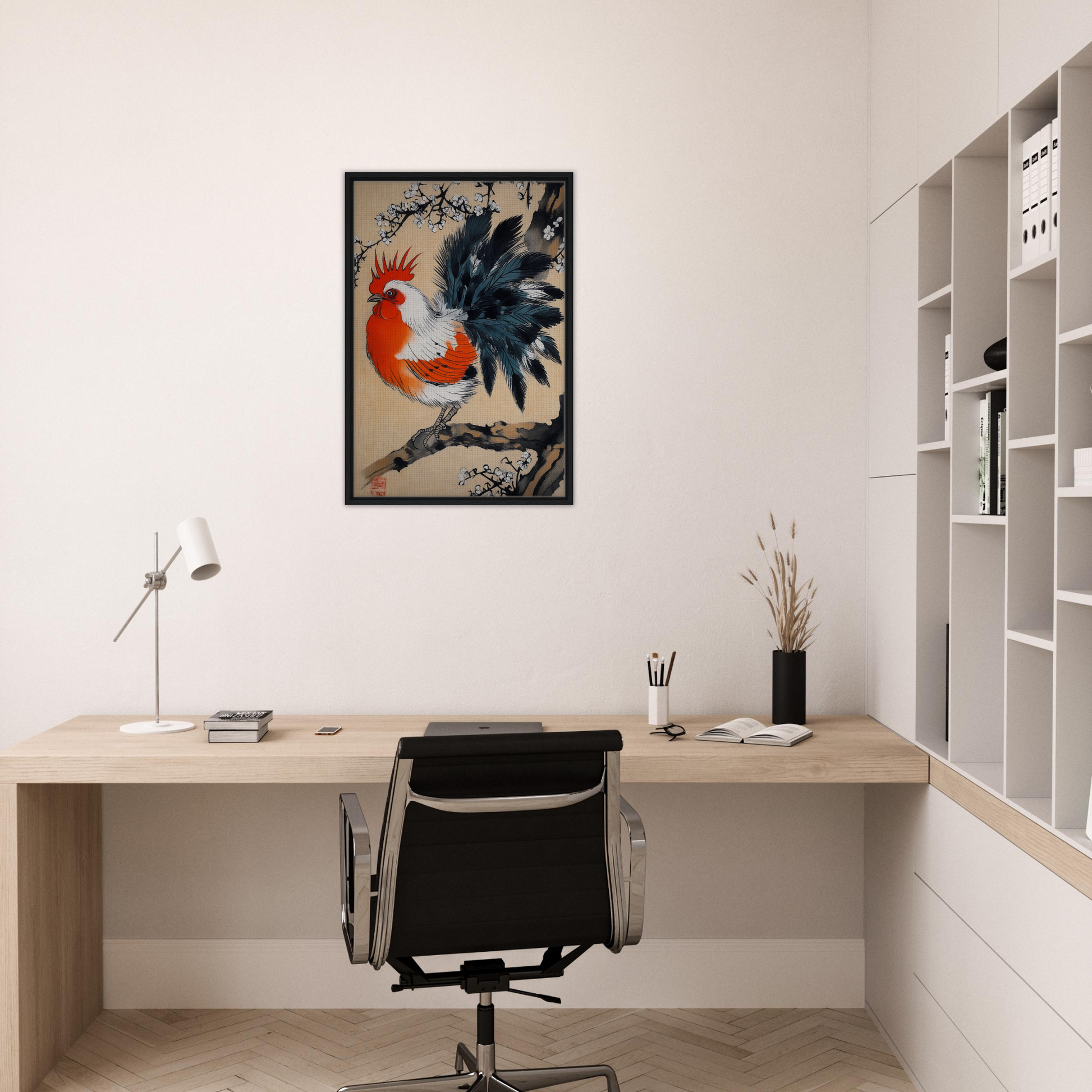 Minimalist home office showcasing Rooster’s Dawnsong Reverie framed canvas print