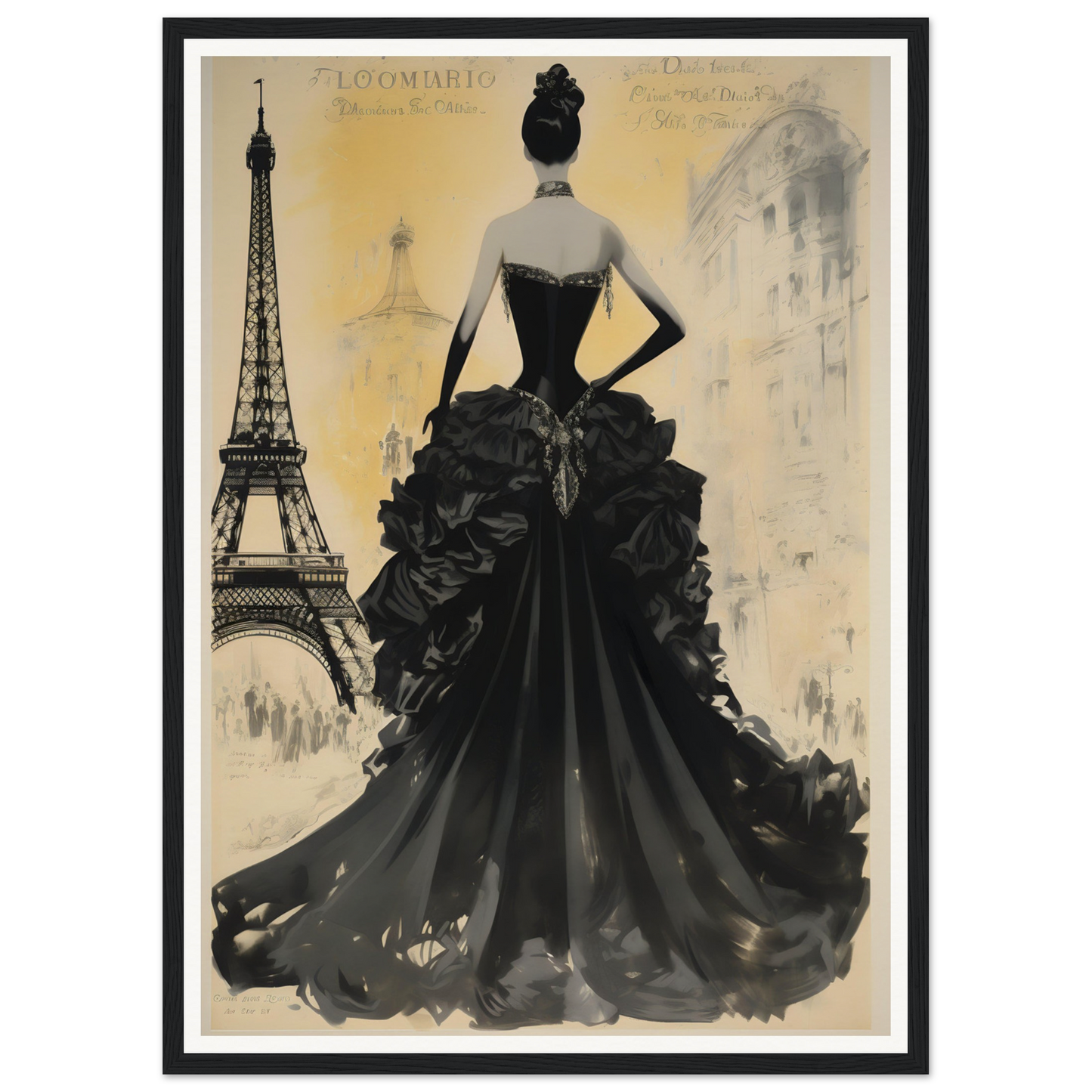 Elegant woman in a black evening gown with her back turned.