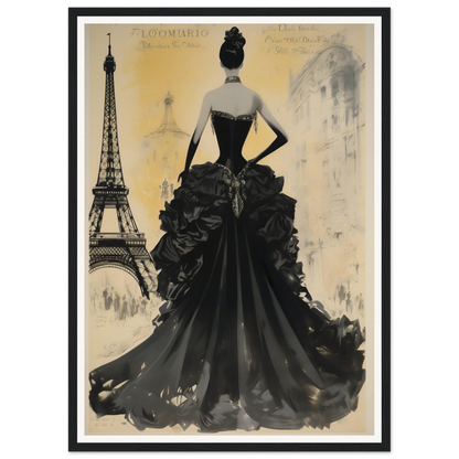 Elegant woman in a black evening gown with her back turned.