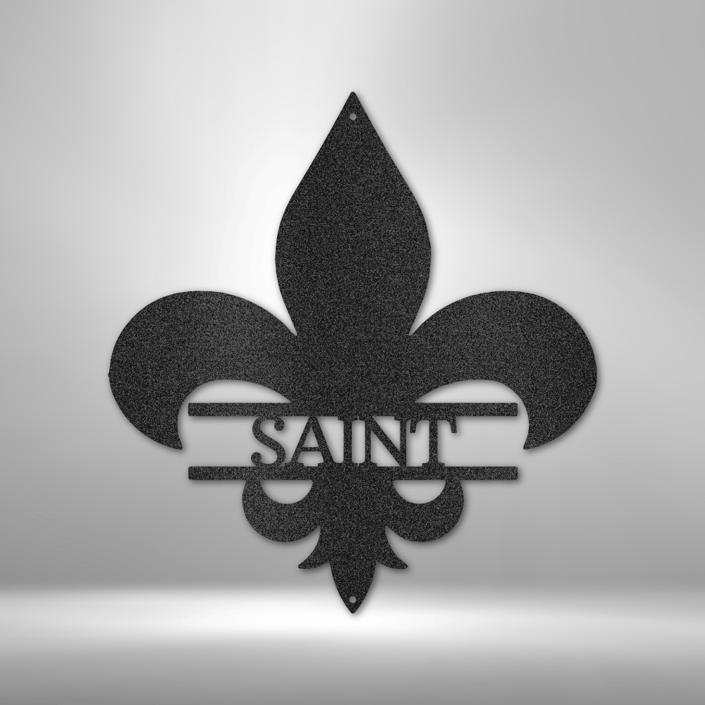 Fleur-de-lis symbol with the word ’SAINT’ incorporated into its design.