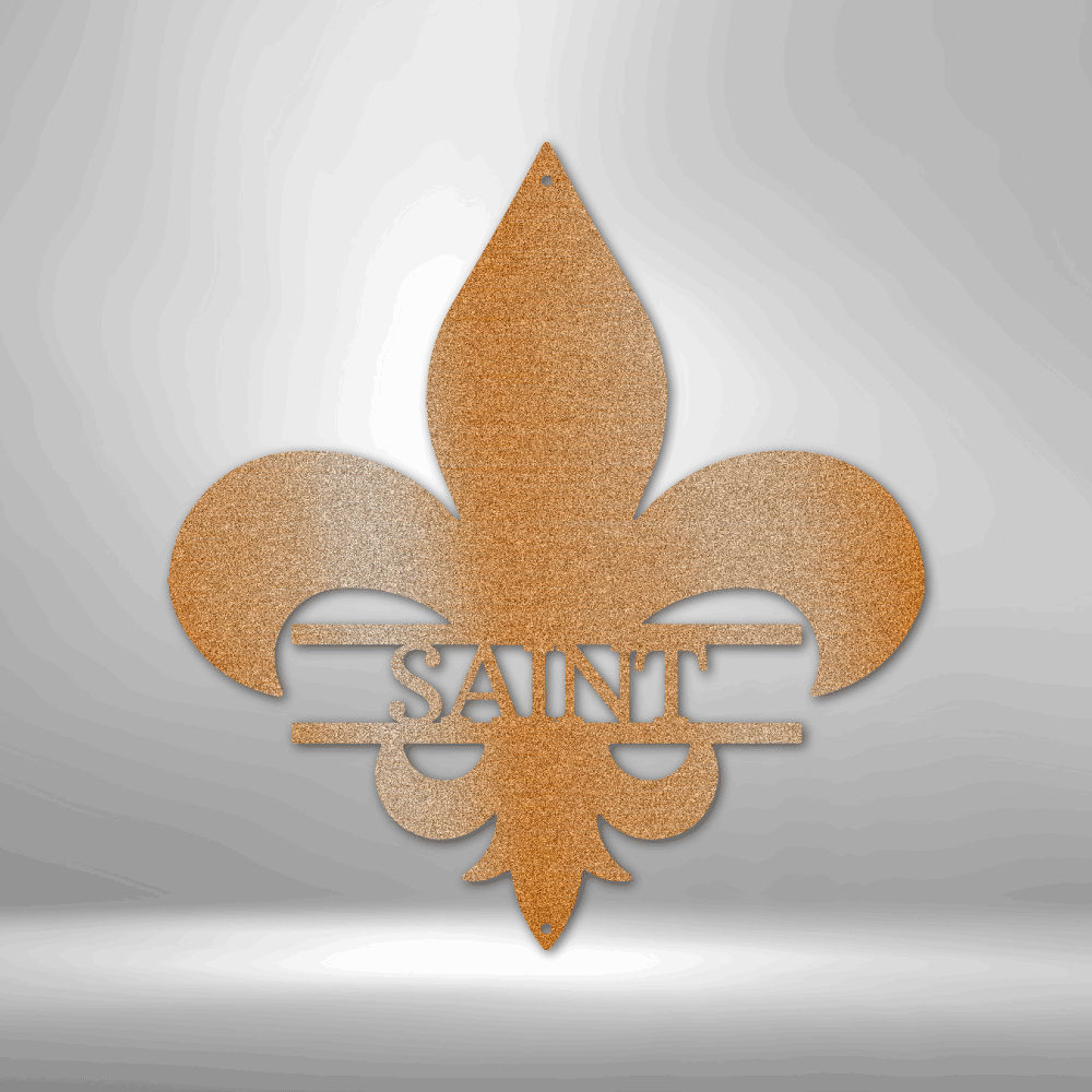 Fleur-de-lis symbol with the word ’SAINT’ cut out in its center.