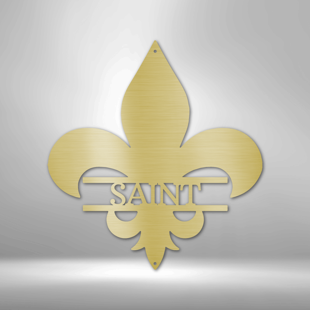 Gold fleur-de-lis symbol with ’SAINT’ text incorporated into its design.