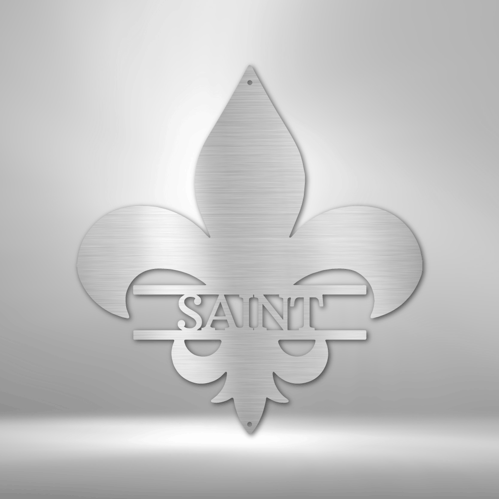 Fleur-de-lis symbol with the word ’SAINT’ incorporated into its design.