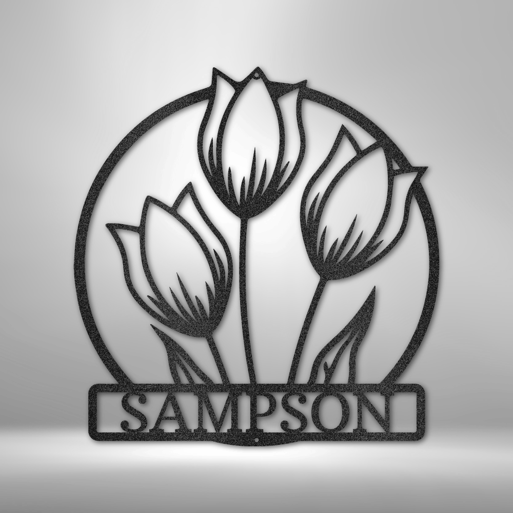 Stylized metal or wooden sign featuring three tulips above the name ’SAMPSON’ enclosed in a circular frame.