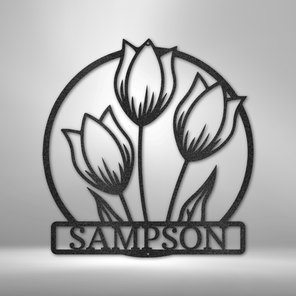 Stylized metal or wooden sign featuring three tulips above the name ’SAMPSON’ enclosed in a circular frame.