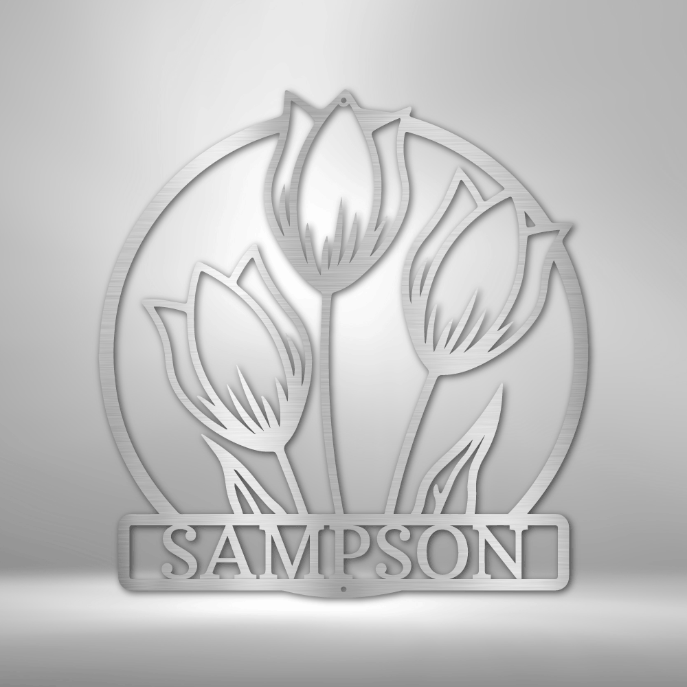 Embossed logo featuring three tulip flowers above the name ’SAMPSON’ within a circular frame.