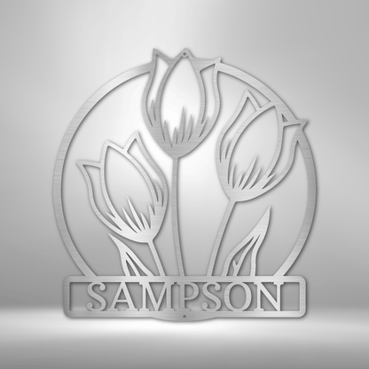 Embossed logo featuring three tulip flowers above the name ’SAMPSON’ within a circular frame.