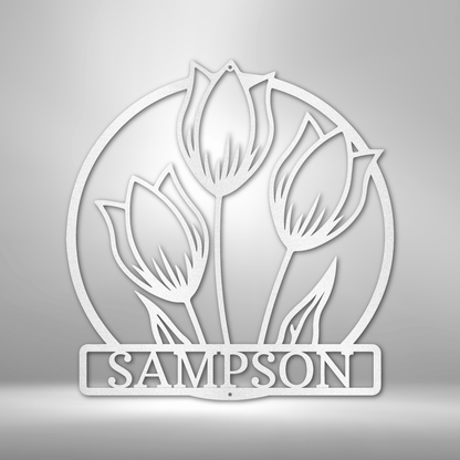 Stylized white logo featuring three tulip flowers above the name ’SAMPSON’ enclosed in a circular frame.