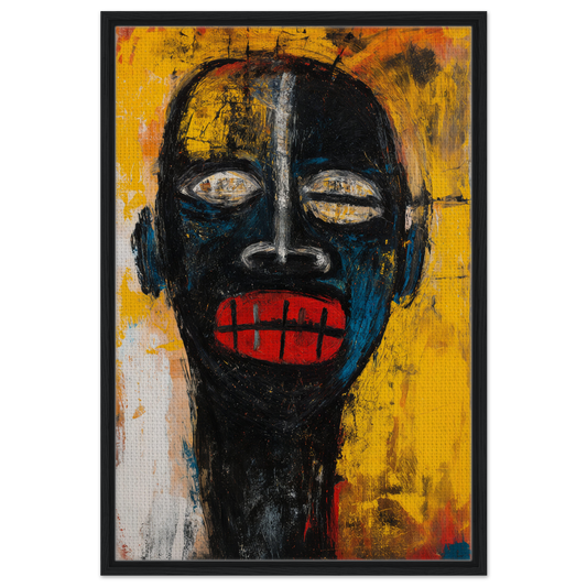 Stylized portrait with dark face and red lips in Screaming Colorscape Descent framed canvas print